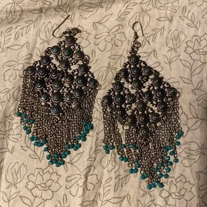SOLD Statement Western Motif Tibetan Silver faux Turquoise Fringe Earrings